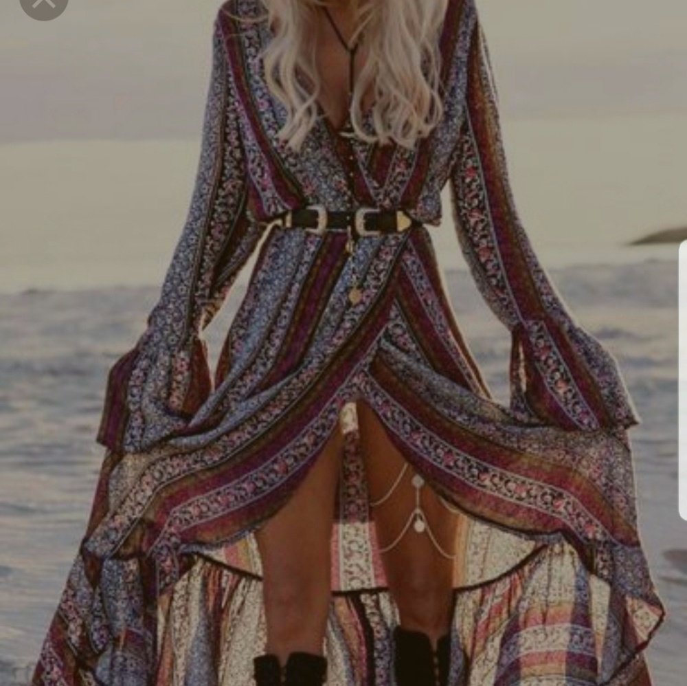 Tribal Boho Ruffle Wrap Maxi Dress